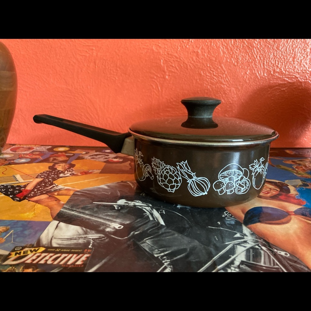 Vintage Enamel Ware Cera-Met Pot Brown mushrooms